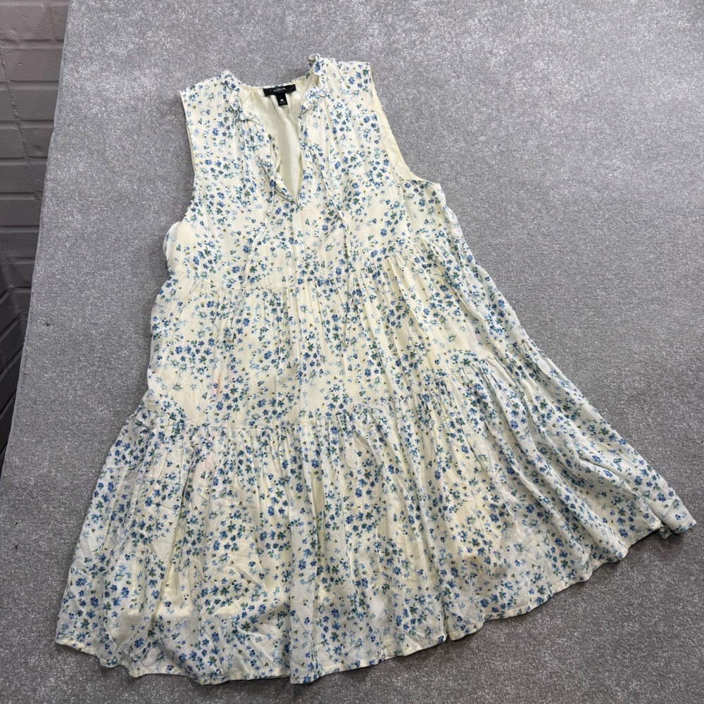 AQUA Yellow Blue Floral Tiered Mini Dress Ruffle Tie Neck Sleeveless Small Flaw - Picture 6 of 14
